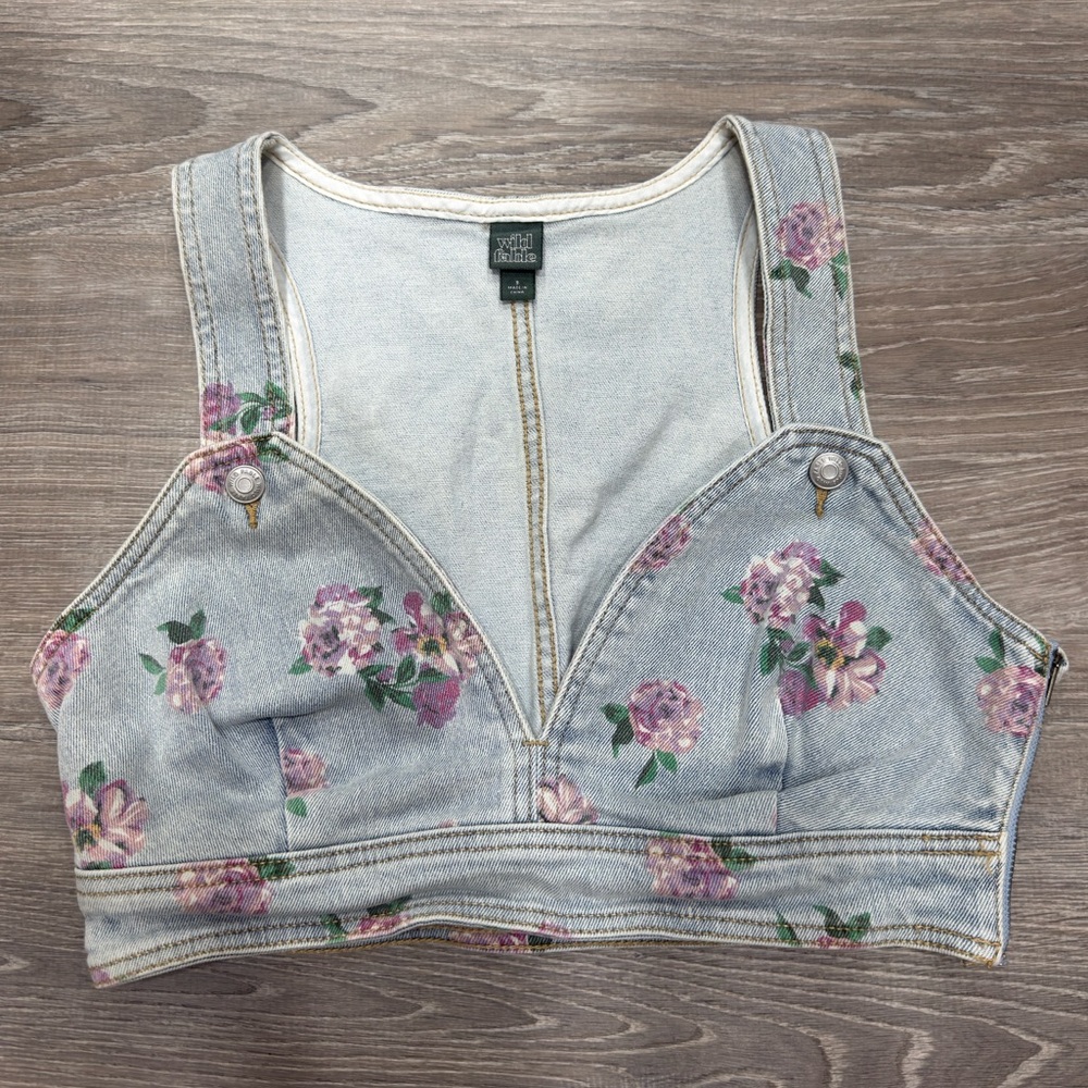 Wild Fable Light Blue Denim Floral Crop Top